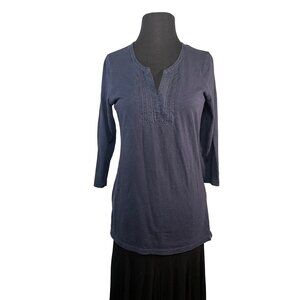 Eddie Bauer Womens Tunic Navy Blue Size M 100% Cotton Pintuck V-Neck 3/4 Sleeve